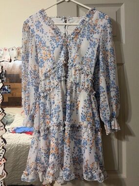 Floral Ruffle Tiered Mini Dress - Blue & Orange